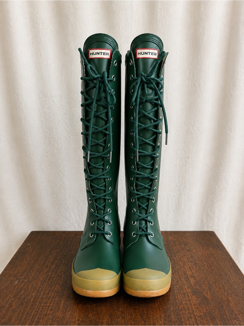 Hunter Women’s 7 Green Lace Up Tall Rubber Rain Boots Knee High circa 2010-2012 - Picture 1 of 16